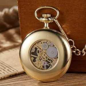 Montre de poche mécanique squelette dorée vintage avec cadran à visage ouvert