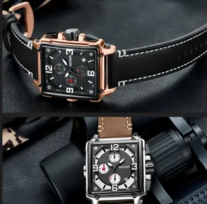 Close-up detail of MEGIR vintage square quartz men's watch with leather strap and sub-dials