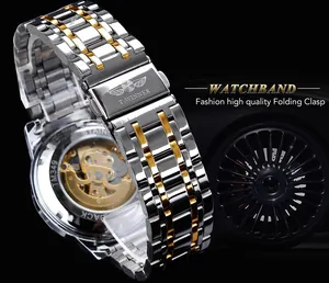 Close-up of Winner men's automatic mechanical watch back and stainless steel clasp.