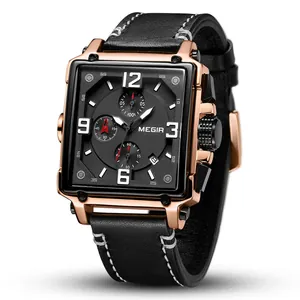 Megir men's vintage square chronograph watch with black leather strap and date display.