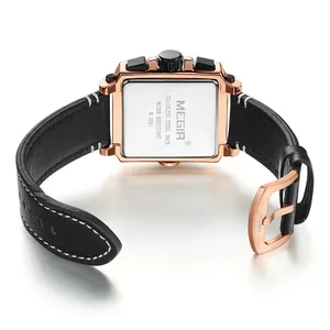 Back view of MEGIR men's vintage square quartz watch with black leather strap
