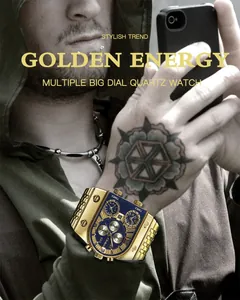 Detalle del reloj dorado Oulm para hombre con múltiples zonas horarias y esfera azul