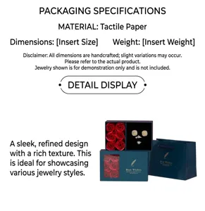 Detail view of navy blue jewelry gift box with red roses and matching gift bag