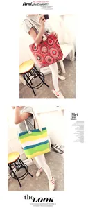 Detailed view of ethnic canvas tote bag with rope handles and colorful printed patterns