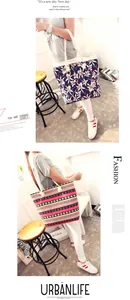 Ethnic style canvas tote bag with large capacity and floral prints in a lifestyle scene.