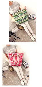 Detailed lifestyle view of ethnic and floral printed large canvas tote bags with rope handles
