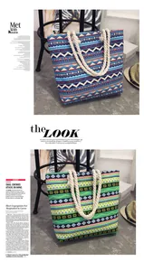 Ethnic pattern canvas tote bag with thick rope handles in blue and green print