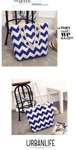 Macro detail showing the blue chevron print and thick rope handles on a canvas tote bag.