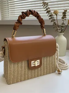 Damen Stroh Box Handtasche Faltengriff Umhängetasche Sommer Strand Weben Geldbörse Mit Goldenem Drehverschluss Kunstleder Klappe