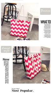 Detailed views of a stylish pink and white chevron canvas tote bag with rope handles.