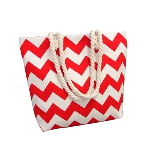 Fashionable large capacity canvas tote bag with red zigzag print and sturdy rope handles