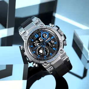 Montre de sport étanche SMAEL à double affichage avec boîtier en alliage argenté et bleu.