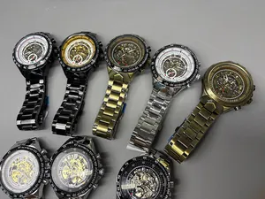 Vista detallada de relojes mecánicos esqueleto para hombre con correa de acero