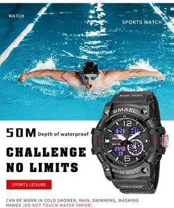 Professional SMAEL waterproof sports watch for men with 50M depth rating and dual display