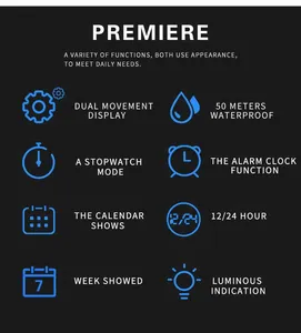 Detail view showing multifunctional icons for waterproof and dual display Smael watch