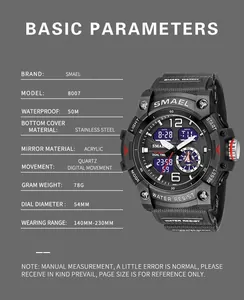 Detailed technical specifications of SMAEL men's outdoor waterproof dual-display watch.
