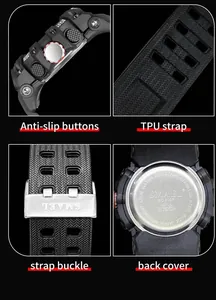 Close-up details of SMAEL men's sport watch showing TPU strap and stainless steel back cover