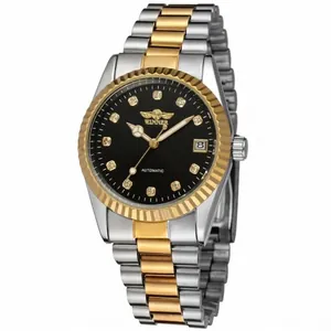 Orologio Meccanico Automatico Winner da Uomo Scheletrato Oro Argento Bicolore Acciaio Inossidabile Ghiera Zigrinata Datario Orologio di Lusso