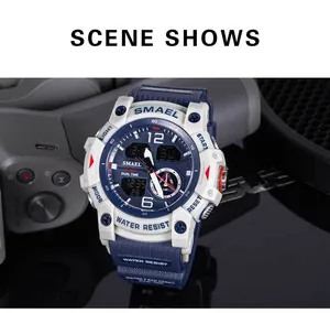 Detailed view of the rugged SMAEL white and blue dual-display outdoor sports watch.