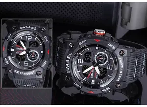 Macro view showing the dual-display dial and textured strap of the SMAEL outdoor watch