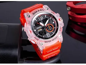 Close-up of SMAEL men's outdoor sport watch with transparent case and orange strap.
