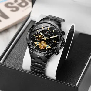 Close-up of Forsining men's automatic tourbillon mechanical watch in luxury black box
