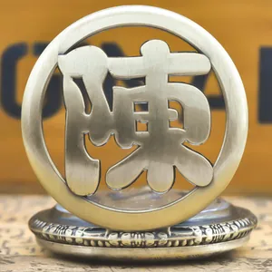 Detail shot of vintage bronze pocket watch featuring hollowed Chinese surname Chen