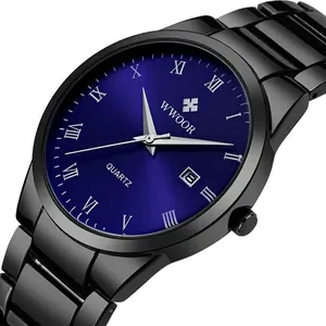 WWOOR 8830 Herren Quarzuhr mit schwarzem Stahlarmband und blauem römischen Zifferblatt