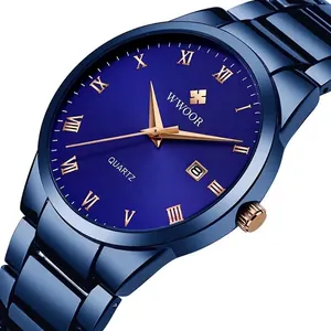 Elegante WWOOR Herren-Quarzuhr in Blau mit römischen Ziffern und Datumsanzeige am Stahlband