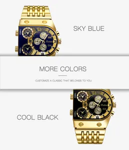 Detalle de los relojes dorados Oulm con múltiples husos horarios y esferas azul y negra