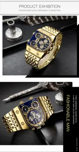 Primer plano del reloj Oulm para hombre de acero dorado con esfera multizona horaria.