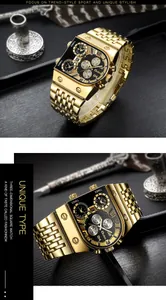 Detalle macro del reloj Oulm dorado cuadrado con tres zonas horarias y esfera texturizada.