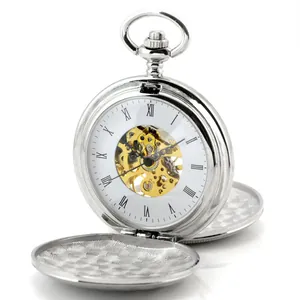 Mechanische Taschenuhr mit doppeltem Sprungdeckel, poliertes Silber, Skelett-Zifferblatt