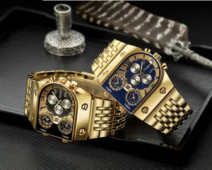 Vista detallada del reloj Oulm dorado para hombre con zonas horarias y correa de acero