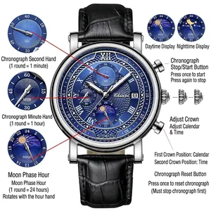 Montre chronographe bleue pour homme avec phase de lune, date et cuir noir