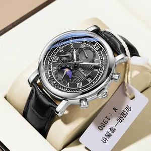 Montre de luxe pour homme avec phase de lune et bracelet en cuir noir