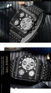 Vista macro detallada del reloj cuadrado para hombre Oulm con múltiples zonas horarias y acero