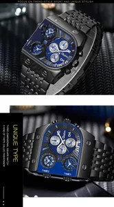 Reloj hombre correa acero negro con múltiples zonas horarias y esfera cuadrada azul