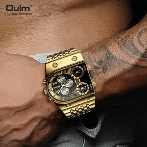 Reloj Oulm para hombre de acero dorado sobredimensionado con múltiples zonas horarias