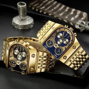 Reloj de lujo Oulm dorado para hombre con esfera grande multihuso y correa acero