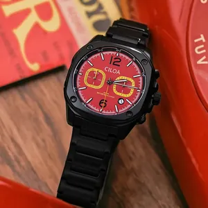 Sporty black men's chronograph watch with red dial and yellow accents by Ciloa