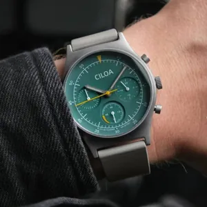 CILOA men's sport solar powered watch with dark green dial and grey silicone strap