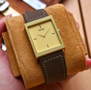 CILOA Montre à Quartz Rectangulaire Rétro pour Hommes Boîtier en Acier Inoxydable Or Luxe Bracelet en Cuir Véritable