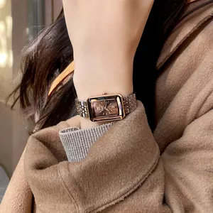 Elegant rectangular women's watch with brown dial and silver metal strap by CILOA.