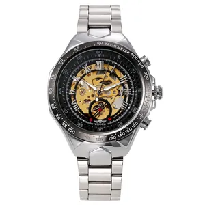 Reloj mecánico automático para hombre con esfera esqueleto y correa de acero plateada.