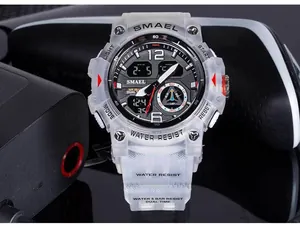 Macro view of SMAEL outdoor sports watch with transparent case and dual display