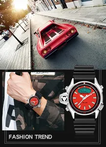 Vista dettagliata dell'orologio Sanda con quadrante rosso e doppio display digitale