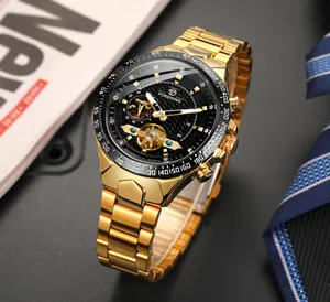 Detailed close-up of Forsining gold automatic mechanical watch with skeleton dial