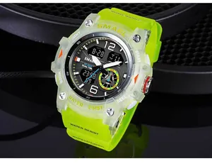 Macro detail of SMAEL neon green transparent waterproof dual-display sport watch for men