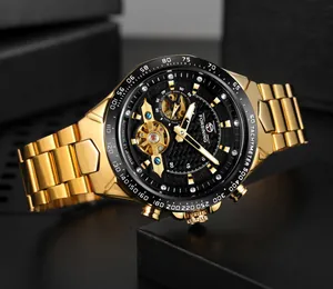 Close-up of Forsining gold automatic mechanical watch with skeleton tourbillon dial.